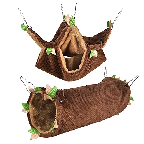 Petmolico 2 Pack Small Animal Hammocks, Warm Plush Hanging Tunnel & Double Tier Bunkbed Hammock Cage for Ferret Guinea Pig Chinchilla Squirrel Rat Hamster Hideout Sleeping Swing Hammock, Brown