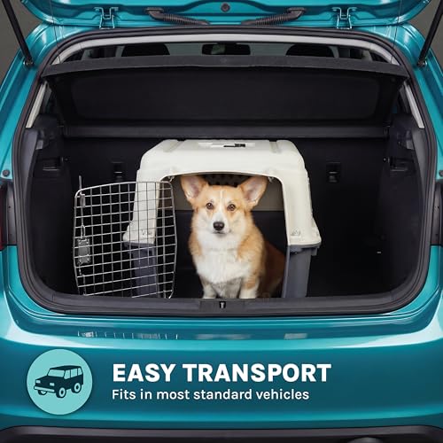 SportPet Airline Compliant MEDIUM 24.25" Travel Dog Kennel-Durable Plastic Airline Pet Carrier w/Removable Wheels & Food Bowls, Collapsible Indoor/Outdoor Dog Kennel, Dogs up to 23"L & 15"H-Cream/Gray - color: Cream/Gray