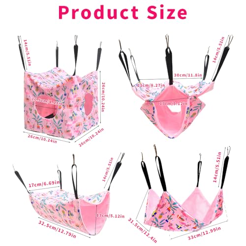 4 Pack Ferret Hammock Set, Hanging Soft Small Animal Hammocks with Hideout,Tunnel and Double Layer,Cage Accessories for Ferret,Rats,Sugar Glider,Squirrel (Pink) - color: Pink