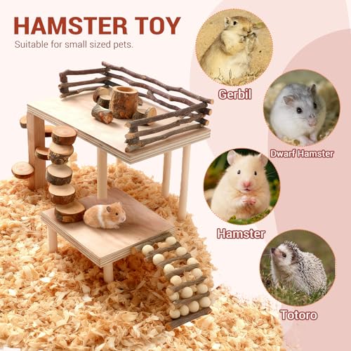 VolksRose Wooden Hamster Playground Platform, Hamster Climbing Toy, Natural Living Climb System, Small Animals Activity Set with Ladder Food Bowl Ramp Bridge for Mouse Gerbil Rat Chinchilla - color: #3