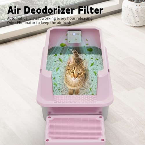 RIZZARI High-Sided Large Cat Litter Box: 2-Pack for Multi-Cat Use | 304 Steel Odor-Resistant Tray / 6.5" High Splash Guard / Dual Anti-Tracking / Built-In Deodorizer / Spacious for Large Breeds - color: Pink with Deodorizer, 2 Pack