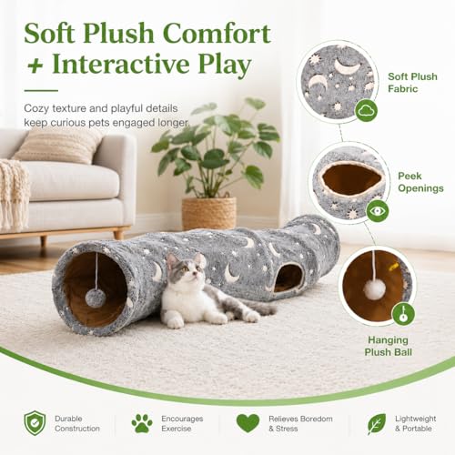 Cat Tunnel Tube with Plush Ball Toys Collapsible Self-Luminous Photoluminescence, for Small Pets Bunny Rabbits, Kittens, Ferrets,Puppy and Dogs Grey Moon Star (S-Shape) - size: S-Shape
