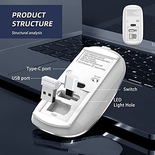 Halpilt Wireless Mouse Chargeable Portable Silent USB-A and Type-C Dual Mode 3 Adjustable DPI for Laptop, PC (Q23S White) - color: white