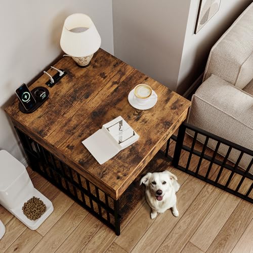 IRONCK Dog Crate Furniture for Small Dogs, Rustic Brown | Wooden Dog Kennel with Flip Top Drawer, Indoor Pet Crate End Table with Charging Station, Steel-Tube Dog Cage - color: Rustic Brown