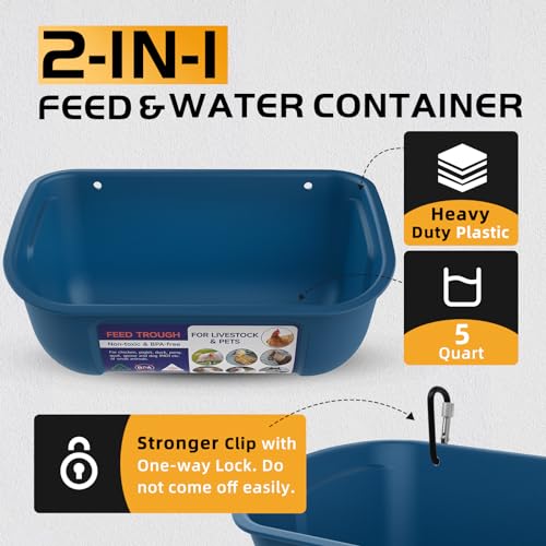 Goovilla Chicken Feeder Waterer, Hanging or Screw-in, 2 Pack 5 Quart, Blue | With Clips and Screws, Goat Feeding Supplies, Duck Piglet Sheeple Coop Dog Livestock Poultry Plastic Feeder Trough Bucket - color: Dark Blue, size: 5 Quart