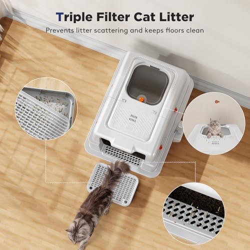 FURTIME XXXL Extra Large Enclosed Stainless Steel Litter Box with Lid | Large Enclosed Cat Litter Box for Big Cats, Metal Cat Box with High Sided Enclosure & Scoop, Silver - color: Silver, size: XXX-Large
