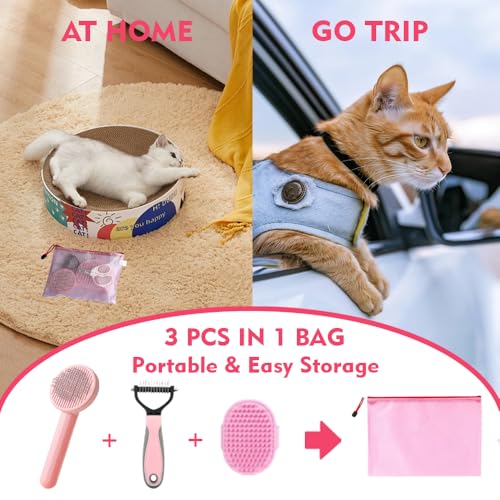 Cat Brush for Shedding 5pcs - Long Haired Cats Brush, Indoor Cats Brush, Small Dogs Brush, Matted Fur Hair Brush with Flea Comb Set, Pink - color: Pink Short