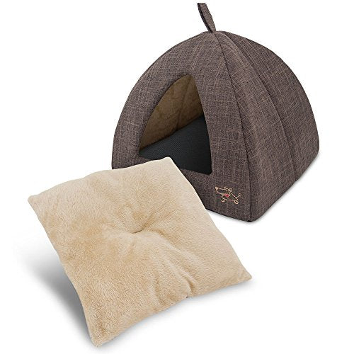 Best Pet Supplies Cat Bed for Indoor Cat, Domed Tent House with Removable Pillow, Covered Cat Cave for Small Dog, Puppies and All Breeds of Cats - Brown Linen, 19 x 19 x H:19" - color: Brown Linen, size: 19" x 19" x H:19"
