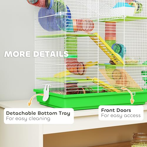 PawHut 18.5" 5 Tier Hamster Cage with Tubes and Tunnels, Green | Small Animal Cage, Rat Gerbil Habitat, Water Bottle, Food Dish, Exercise Wheel - color: Green