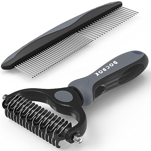 Docrok Pet Grooming Brush and Metal Comb Combo for Dogs & Cats, Gray | Dematting Deshedding Undercoat Rake, Cat Brush Dog Brush Shedding Tool for Long Matted Haired Pets - color: Gray