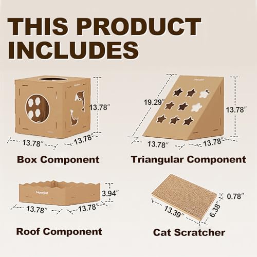 DIY Cardboard Cat House with Scratching Pad, Cat Tower Indoor Play House, Versatile Cardboard Cat Tunnel Box for One or More Pets, Indoor Use Rabbit Hideout Cave Castle Brown, 6 Parts - size: 4 Boxes + 1 Roof + 1 Triangular + 4 Scratchers