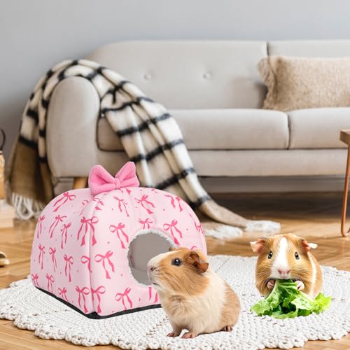 JarThenaAMCS Washable Guinea Pig House Bed Pink Bow Bunny Hideout Cage Accessories Reusable Hideaway for Ferret Hedgehog Small Animal, 9.5 x 9.5 x 8 Inch