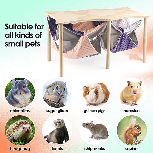 Guinea Pig Hammock,Double Ferret Rat Hammock with Stand,2PCS Hanging Soft Small Animal Toys Sleeping Bed with Durable Wooden Stand for Chinchilla Bunny Hiding and Playing