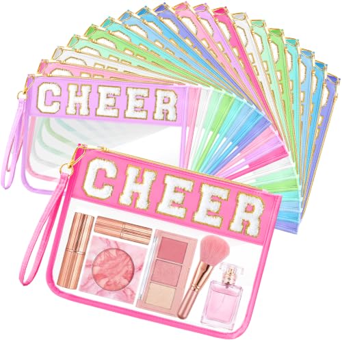 Kacctyen 20 Pcs Multicolor Chenille Letter Cheer Bags Cheerleader Clear Makeup Bags Snacks Pouch Bulk Preppy Patch Cosmetic Pouch with Wrist Strap Zipper for Travel Team Cheerleaders - color: Multicolor