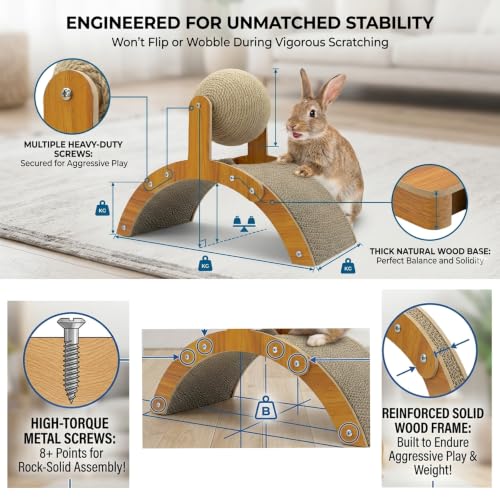 2-in-1 Rabbit Scratching Toy - Natural Sisal Ball & Corrugated Cardboard Pad Bunny Claw Scratcher, Stable Wood Arch Bridge Interactive Toys for Rabbits, Kittens, Ferrets, Chinchillas