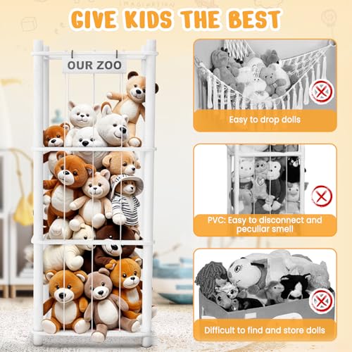 Woodure Stuffed Animal Storage & Organizer, Wooden Cute Zoo Toy Holder for Toddler Rooms, Playrooms & Bedrooms（White） - color: White