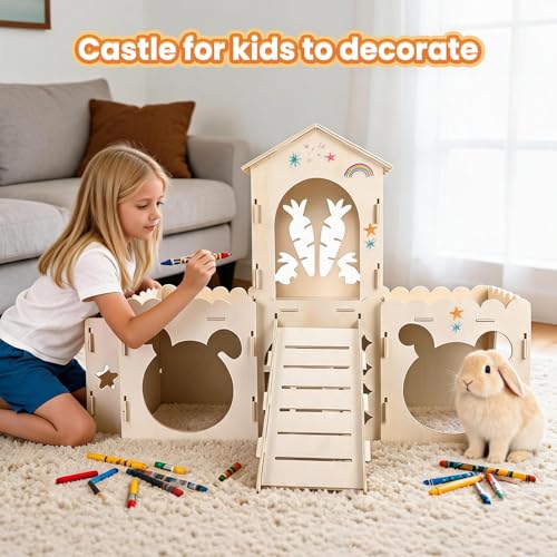 5 in 1 Extra Large Bunny House，Rabbit Hideout and Wooden Castle Hutch Cage | Detachable With Ramp 4 Houses and a Hay Feeder，Sturdy Guinea Pig and Chinchilla Cages,Small Animal Pet Tunnel Habitat