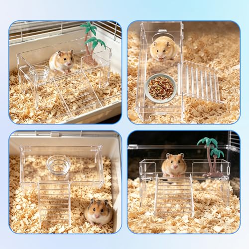 Acrylic Platforms for Hamster Cage, Climbing Platform with Ladder, Clear Hideout Cave Accessories for Gerbils Hermit Crab