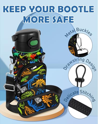 Water Bottle Carrier with Strap for Kids, 14-20 oz | Insulated, Neoprene Water Bottle Holder Bag with Pocket, Cute Cartoon, Bottle Bag for boys and girls, Walking Hiking Camping - color: Dinosaur Bone
