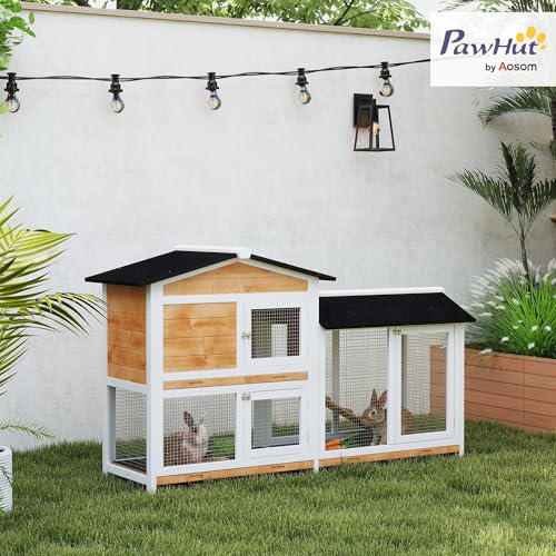 PawHut 62" Rabbit Hutch, Wooden Bunny Hutch, Guinea Pig Cage, Small Animal Enclosure with Run Area, Removable Tray, Asphalt Roof, Lockable Doors and Ramp, Nature Wood | Wooden Bunny Hutch, Guinea Pig Cage, Small Animal Enclosure, Removable Tray, Asphalt R