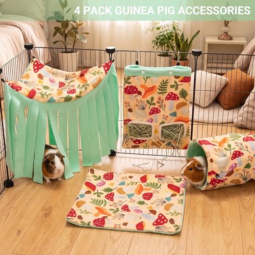 Guinea Pig Hideout Set (4-Pack), Tunnel, Corner Hide, Hay Bag & Mat | Soft Fleece Cute Small Animal Cage Accessories for Guinea Pigs, Bunny, Chinchilla, Hedgehogs, Ferret