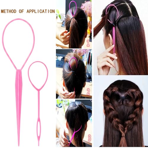 6PCS Hair Styling Tools Kit, Boar Bristle Wooden Brush, Rat Tail Metal Pin Parting Comb Edge Control Brush,Bristle Teasing Hair Brush Topsy Tail Loop Tools for Women Braiding & Edge Styling - color: pink