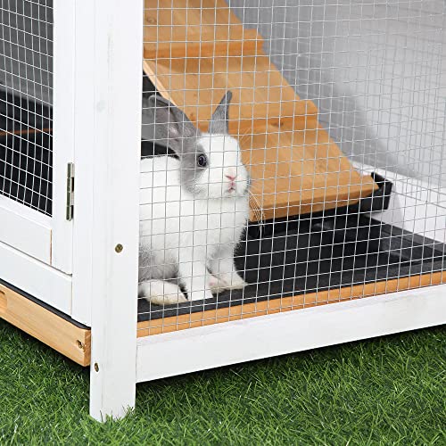 PawHut 62" Rabbit Hutch, Wooden Bunny Hutch, Guinea Pig Cage, Small Animal Enclosure with Run Area, Removable Tray, Asphalt Roof, Lockable Doors and Ramp, Nature Wood | Wooden Bunny Hutch, Guinea Pig Cage, Small Animal Enclosure, Removable Tray, Asphalt R