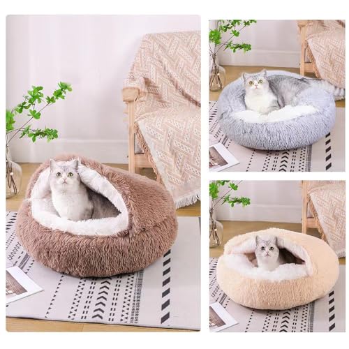 Round Fluffy Hooded Cat Bed Cave, Anti-Anxiety Cave Bed with Blanket | Hooded Cat Bed Cave, Cozy Cuddler Luxury Puppy Pet Bed, Anti-Slip Bottom and Machine Washable - color: Brown, size: Large