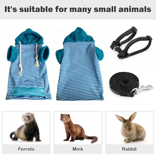 Small Pet Harness Vest and Leash Set Ferret Clothes Hoodies for Ferrets for Outdoor Walking Rabbit Ferret Guinea Pig Bunny Hamster Puppy Kitten (Blue and White Striped Clothes + Leash) - color: Blue and white striped clothes + leash