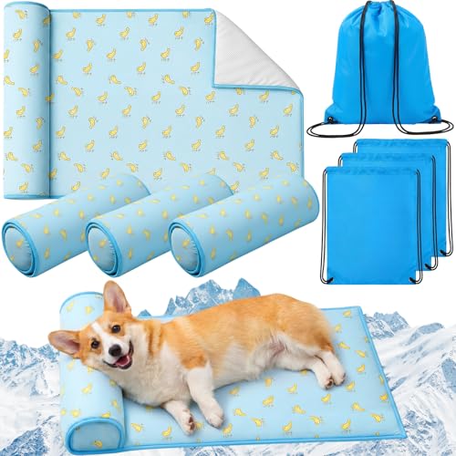 DoubleFill 4 Pack Cooling Pet Mats 23.6" x 31.5" Cooling Dog Beds with Supportive Pillow Self Ice Washable Cool Pads Summer Cat Sleeping Pad with Storage Bag for Summer Crate Floor (Large, Blue) - size: Large, style: Blue