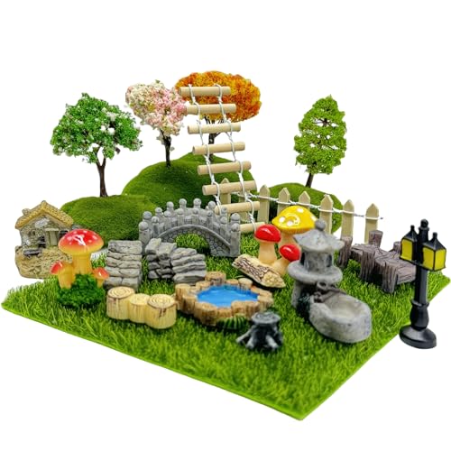 23 Pcs Fairy Garden Miniatures Jumping Spider Enclosure Accessories, Mini Bridge Fence Pond Street Lamps Mushroom Lawn Figurines Garden Decorations for Jumping Spider Habitat