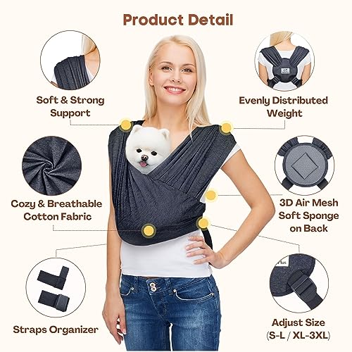 Small Dog Sling Carrier, Hands-Free, Charcoal Black, Plus | Patented Front Carrier Reduces Back and Neck Strain; Adjustable, Soft Cotton, 3D Air Mesh for Puppies & Cats up to 20 lb - color: Charcoal Black, size: Plus