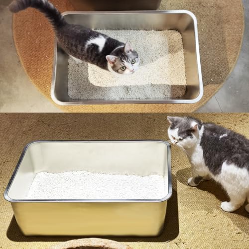 Stainless Steel Cat Litter Box,Extra Large Metal Litter Box,24Lx16x8 in | Extra Large Metal Litter Tray for Big Cats Kitty Rabbits,No Smell,Non Stick,Easy to Clean - color: 8"H, size: 24"L x 16"W
