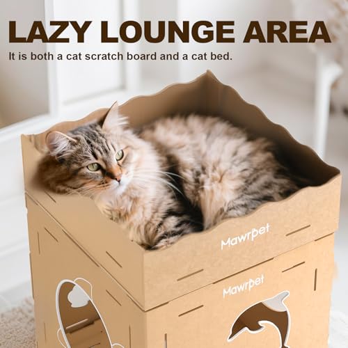 DIY Cat House with Scratcher Cardboard, Condo with Scratching Pads,Cats Play House, DIY Modular Cat Boxes, Indoor Kitty Scratcher Hideout for One or More Cats, Cat Tower Castle Tunnel, 5 Parts - size: 3 Boxes + 2 Roofs + 4 Scratchers