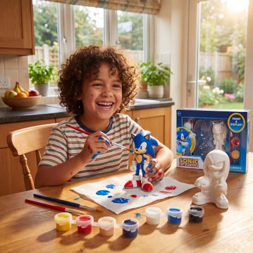 Sonic the Hedgehog Paint Your Own Figurines Craft Kit with Sonic & Knuckles | Sonic Coloring Toy Gifts, Knuckles the Echidna 2 Ceramic Figures, 6 Paints, 2 Brushes, DIY Arts & Crafts Activity for Kids - style: Sonic