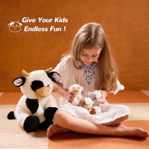 Cow Stuffed Animals Mommy with 4 Baby Cows Toys Gifts for Girls Children | Cute Stuffed Plush Toys Set for Toddlers Kids Ages 0-8+, Christmas Birthday Baby Shower Party Decor Storytime Companion Gifts - style: Cow