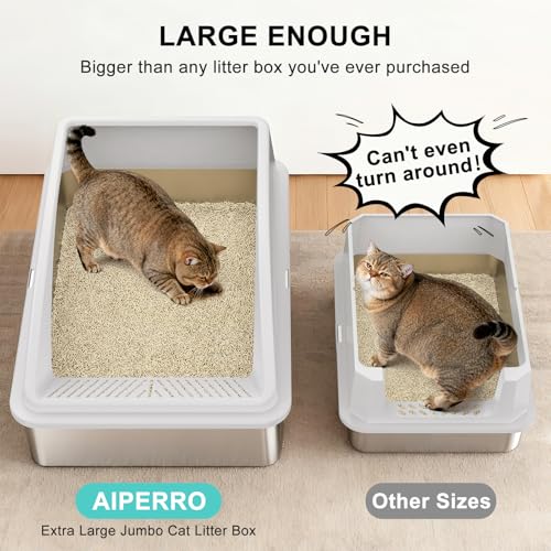 AIPERRO Stainless Steel Litter Box Extra Large for Big Cats and Multi-Cats | Jumbo Extra Large Metal Cat Box with High Sided Lid, Anti-Urine Leakage, Non-Stick,Include Litter Scoop - color: Silver Grey, size: XXX-Large
