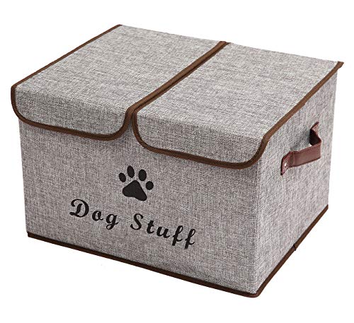 Large Storage Boxes - Linen Fabric Foldable Cubes Bin Containers With Lid and Handles for Dog Apparel, Accessories, Coats, Toys, and Clothing (Grey) - color: Gray