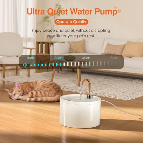 MISFANS Ceramic Cat Water Fountain, All-Ceramic Body, Pure Copper Spout | 2.1L/71oz Capacity, Under 20dB Pump, Dual Filtration, Faucet and Fountain Modes, Easy-Clean Unit, 3 Filters and Sponge, White