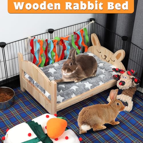 BWOGUE Large Wooden Rabbit Bed, Bunny Bed with Removable Cushion, 2-in-1 | Bunny Wooden Bed, Wooden Bed for Rabbits, 20.5 x 14.3 in, Folding Frame, Raised Resting Spot, Guinea Pigs, Kittens, Rabbits - size: 20.6''×14.7''×3.7''