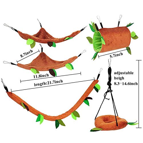 Hamster Hammock 5 Pcs Sugar Glider Nest Hanging Tunnel Swing Jungle | Small Animal Plush Warm Bed, Squirrel Guinea Pig Rat Sleeping Cage Accessories, Soft Fleece Hammock Pet Playing Toy