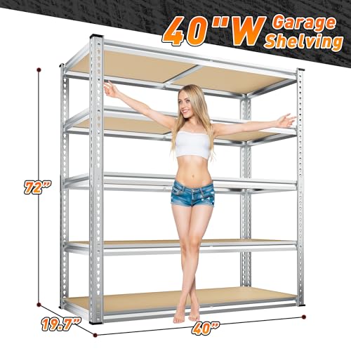 REIBII 2500LBS Garage Shelving,40"W Rust-Proof Storage Shelves For Basement | 5-Tier Metal Shelving,Waterproof,Adjustable Pantry Shelves,Resists Rust,for Closet Kitchen 40" W x 19.7''D x 72''H,Silver - size: 40"W x 19.7"D x 72"H