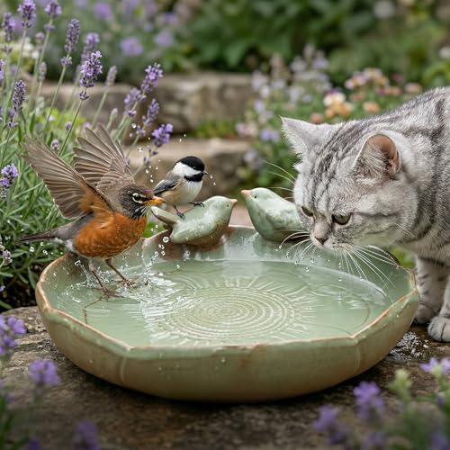 9.5" Glazed Ceramic Nature Sanctuary-Whisker-Safe Oasis for Pets & Birds | Outdoor Bird Bath , Heavy Duty Decorative Shallow Dish for Cats, Small Dogs, Garden Wildlife - Aesthetic Succulent Planter