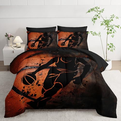 7Pcs Sports Comforter Set Basketball Printed Bedding Set with 1 Comforter, 1 Flat Sheet, 1 Fitted Sheet and 4 Pillowcases for Boys and Girls Bedroom (Basketball-2 Twin - color: Basketball-2, size: Twin 68x86inches
