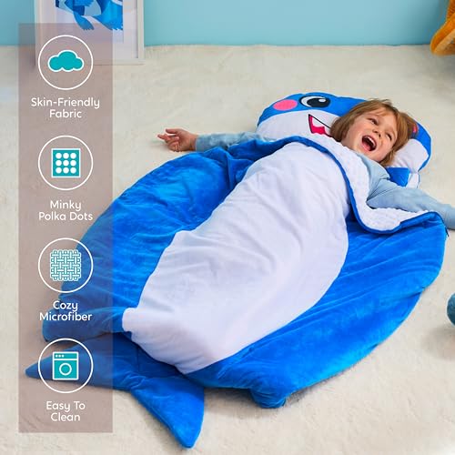 JOIEDOMI Kids Sleeping Bag 4 5 6 Year Old Girl Gifts Toddler Nap Mat with Pillow & Blanket 60" x 39" for Kids Ages 3+ Soft Plush Sleeping Mat for Preschool and Boys Girls - color: Blue Shark