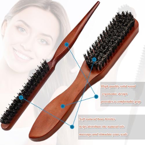 2 PCS Boar Bristle Hair Brush Set for Men Women Bristle Hair Brush for Slick Back Wet Hair and Beard Grooming Rat Tail Comb Teasing Comb Edge Beard Brush for Slicking Hairs (2PCS) - color: 2PCS