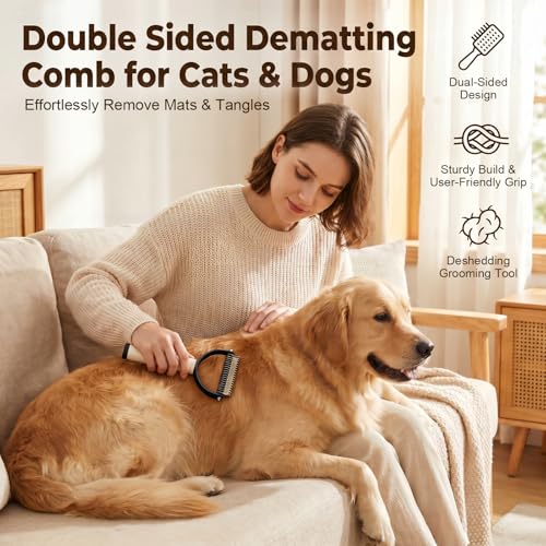 2-In-1 Double Sided Dematting Comb for Cats & Dogs, Multi-Functional Pet Detangling Comb, Double Sided Lint Remover Comb with Lint Roller, Suitable for Both Long and Short Haired Pets (Brown) - color: Brown