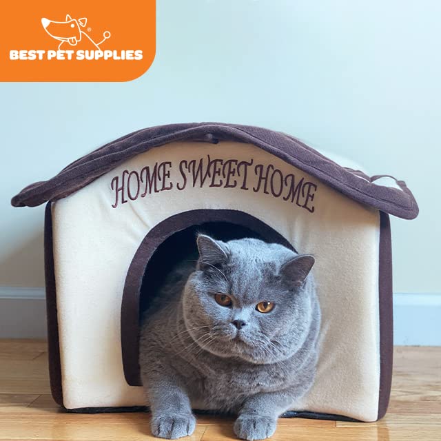 Best Pet Supplies Cat Bed for Indoor Cat, Domed Tent House with Removable Pillow, Covered Cat Cave for Small Dog, Puppies and All Breeds of Cats - Beige w/ Brown Stripes, 16 x 16 x H:14" - color: Beige w/ Brown Stripes, size: 16" x 16" x H:14"