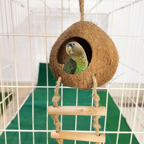 Bird Coconut Hides Nest with Ladder Parrot Cage Hanging Natural Coco Shell Hut Hide Toy with Wooden Bridge Hollow Hideaway Toys for Parakeet Lovebird Finch Canary 2PCS - size: 2PCS 22.04*13.38in