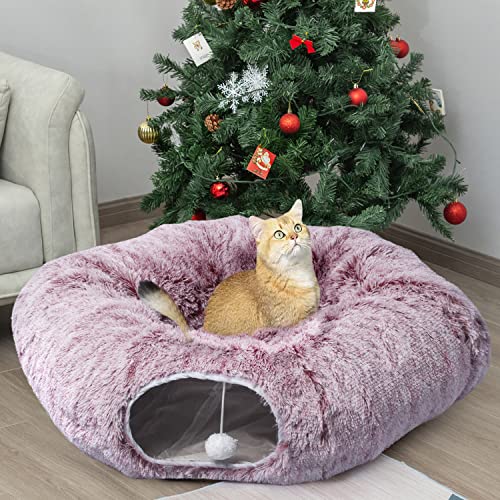 AUOON Plush Cat Tunnel Bed for Indoor Cats, 36"L x 36"W x 11.5"H, Rosiness | 2 in-1 Interactive Cat Toy, with Hanging Ball Toy, Machine Washable Center Pad, for Kitten Puppy Rabbit Ferret - color: Rosiness
